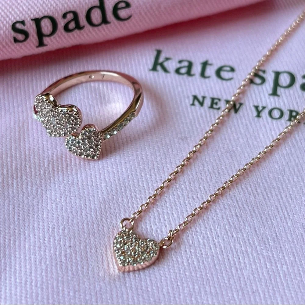 NEW Kate Spade Yours Truly Pave Heart Ring & Mini Pendant Necklace Rose Gold - Picture 1 of 8
